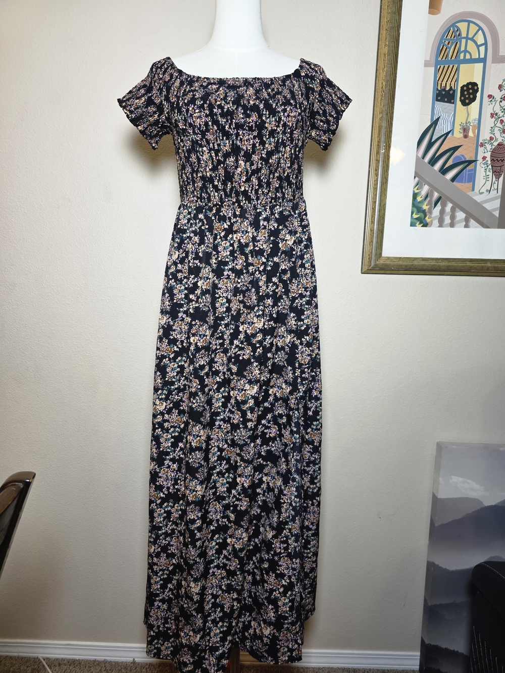 SHEIN Navy Floral Off-Shoulder Smocked Maxi Dress